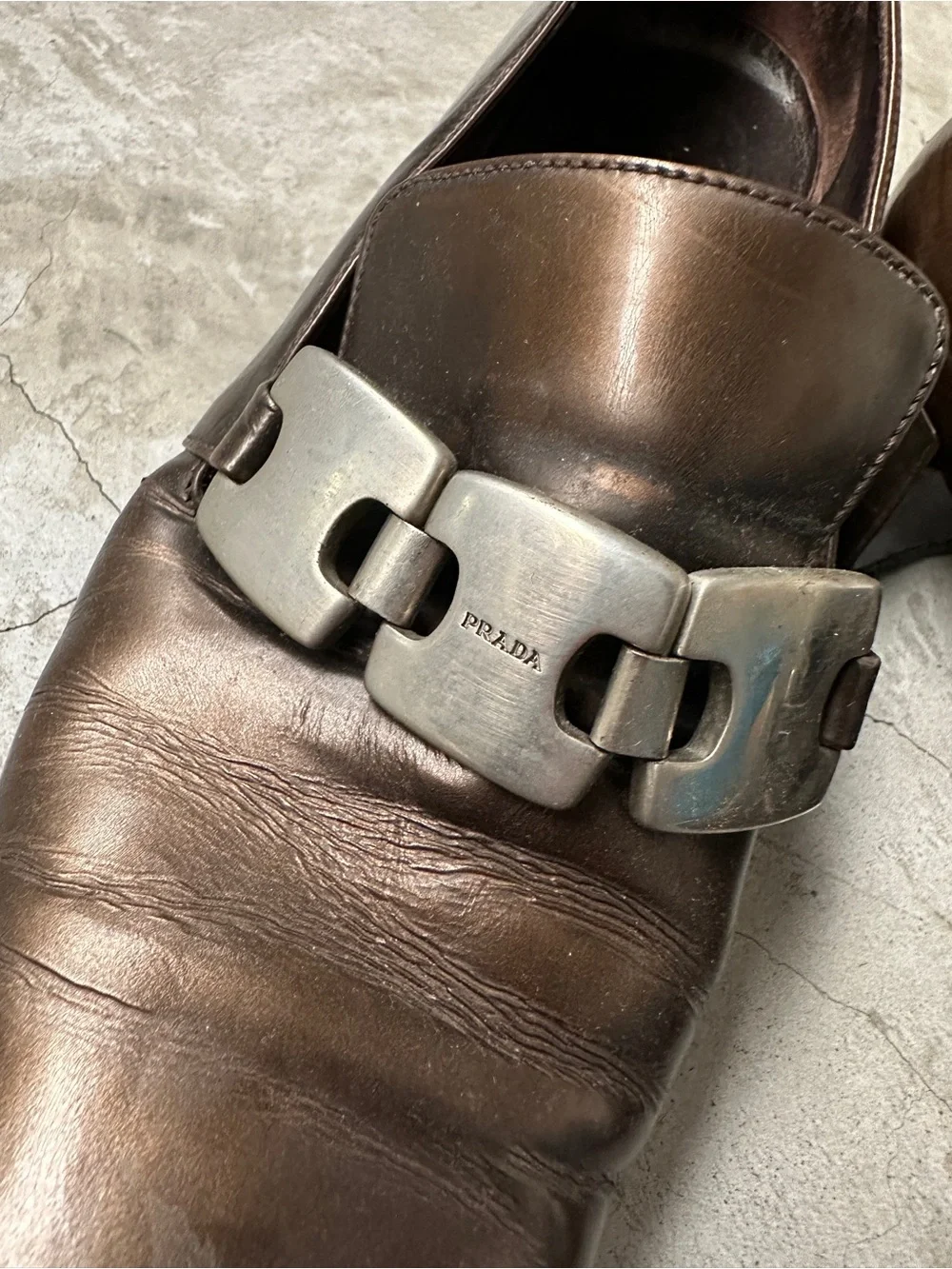 90’s Vintage Prada loafers 38 copper brown block heel square toe silver hardware